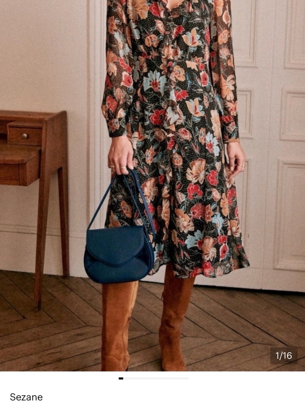 Sezane  Floral  Midi Dress with Red & Blue Blooms Adele style